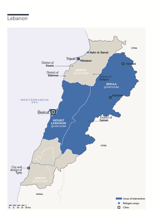 Map of HI's interventions in Lebanon
